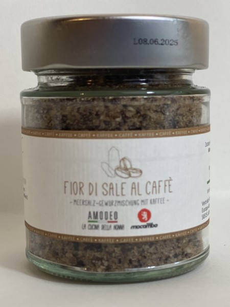 Amodeo FIOR DI SALE AL CAFFÈ - Meersalz mit Kaffee, Mandeln und schwarzem Pfeffer 85g